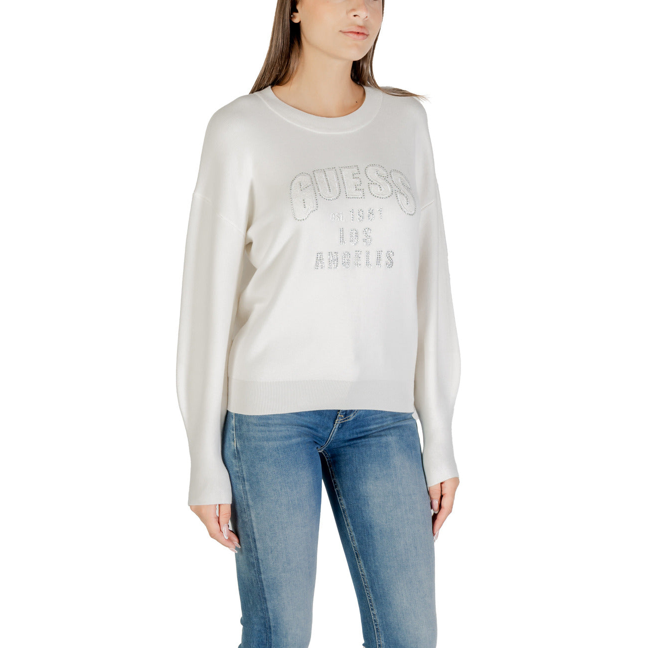 Maglia Guess Donna Bianca Stampa Maniche Lunghe - Elegante W5YR26 Z26I2