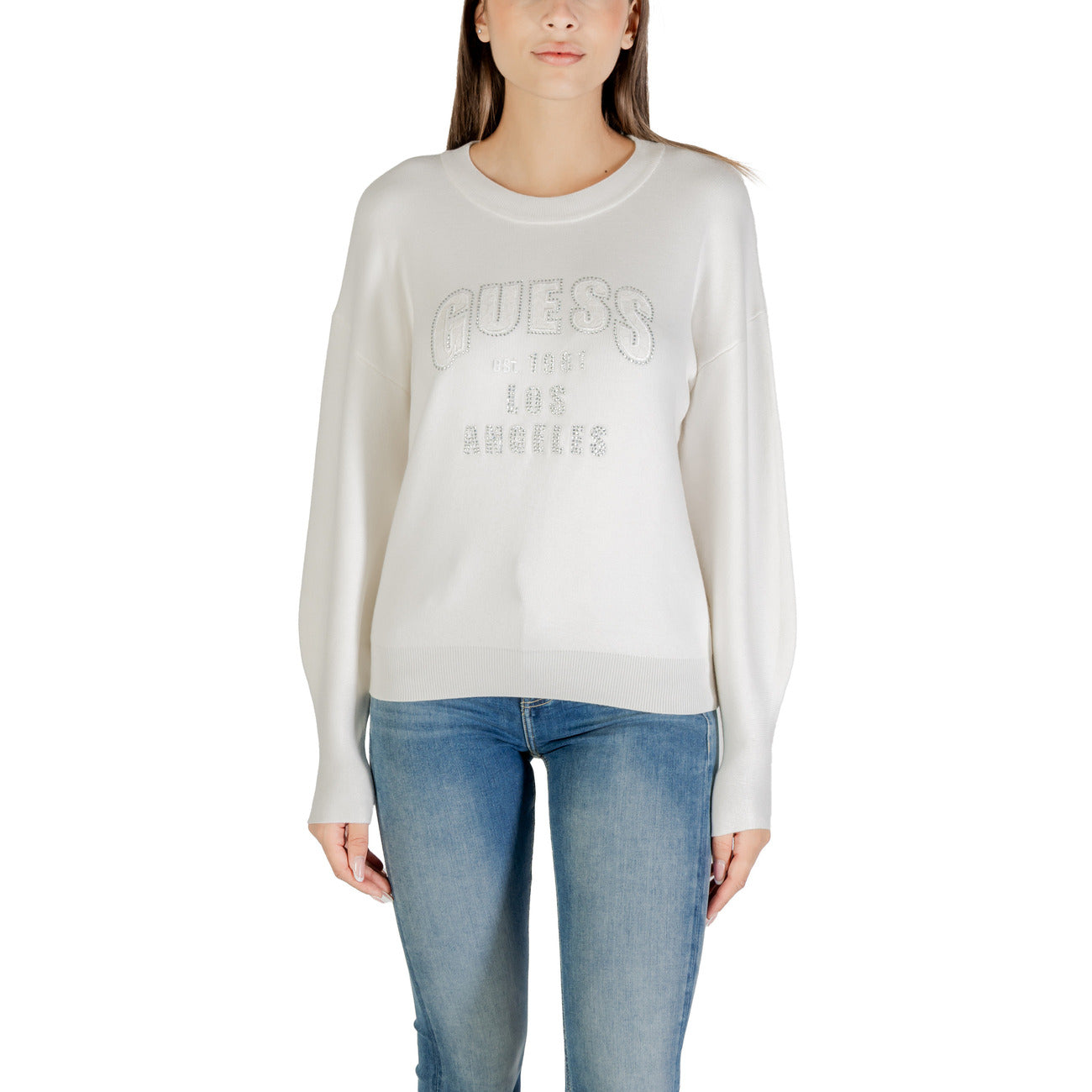 Maglia Guess Donna Bianca Stampa Maniche Lunghe - Elegante W5YR26 Z26I2